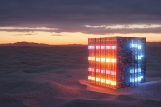 A glowing cube with pixelated lights stands out in a vast desert landscape at sunset, blending technology with nature. - Powered by Adobe