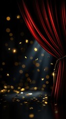 Stage curtain opening, dramatic lighting