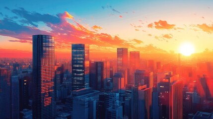 Fototapeta premium a dazzling cityscape bathed in the warm hues of the setting sun showcases a harmonious blend of architectural grandeur and natural spectacle creating an awe-inspiring urban vista