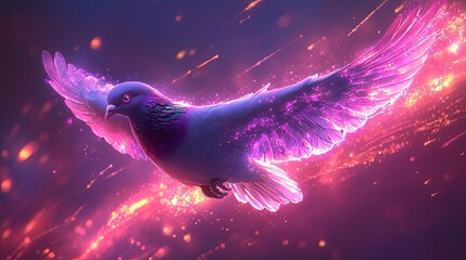 A glowing purple pigeon flying through a glowing sky, with trails of neon light behind it.