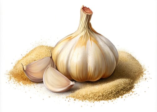 Garlic bulb and cloves with garlic powder isolated on white background