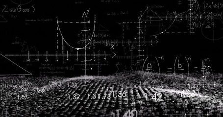 3D numeric plane emerging from void, undulating as math formulas sliding in to show relationships - Powered by Adobe