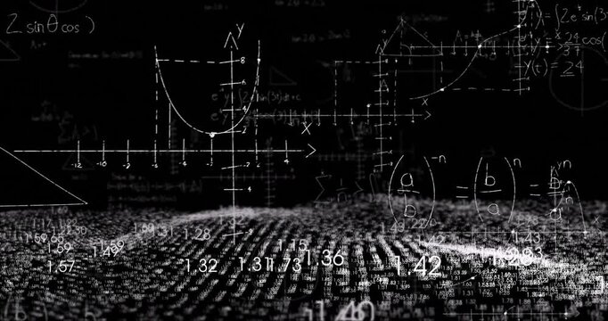 3D numeric plane emerging from void, undulating as math formulas sliding in to show relationships - Powered by Adobe