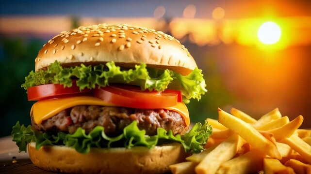 Delicious homemade hamburger stacked high with cheese, tomatoes, lettuce and sesame bun with golden fried potatoes on wood table at sunset