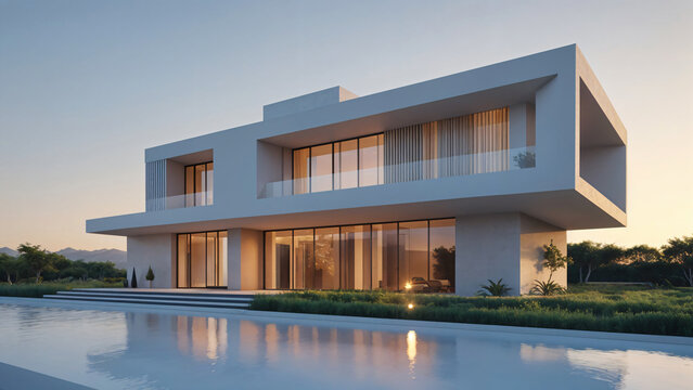 A stunning image of modern two-story white house with large glass windows and doors, flat roofs, a covered patio, and landscaped garden with gravel, rocks,