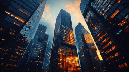 urban architecture displaying a dramatic perspective capturing towering skyscrapers against a colorful sky creating a sense of scale and modern cityscape vibrancy