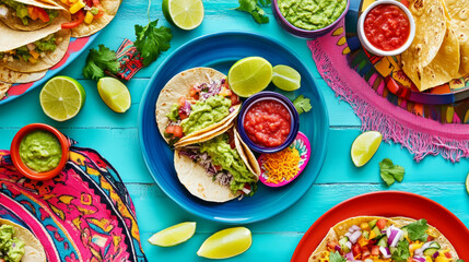 Vibrant fiesta table spread with tacos, salsa, and guacamole – perfect for mexican celebrations or party decor