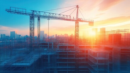 a futuristic cityscape under construction bathed in the warm hues of a radiant sunset painting a picture of urban development and architectural progress towards a brighter tomorrow