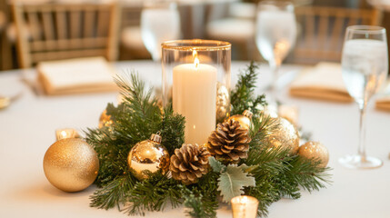 Elegant holiday table setting with golden decorations and evergreen arrangement