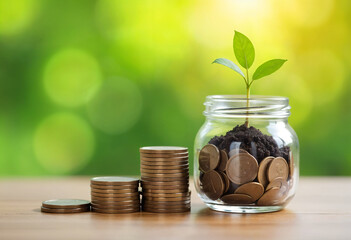 Coin tree Glass Jar Plant growing from coins outside the glass jar on blurred green natural background money saving and investment financial concept