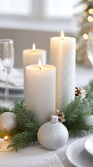 Elegant winter holiday table with silver candles and evergreen decor for festive celebrations