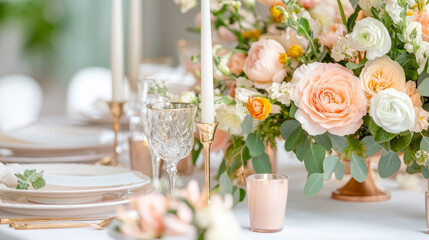 Elegant wedding table centerpiece with lush flowers and candles for romantic celebrations