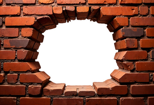 red brick wall with a hole in the middle. isolated on white background. grunge frame. horizontal frame. High quality photo