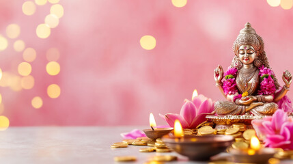 Glowing lakshmi idol with diya for diwali puja decoration and celebration