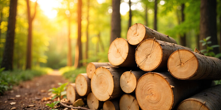 A sunlit forest scene featuring a large, rustic log resting on the ground in front of a stack of neatly arranged logs