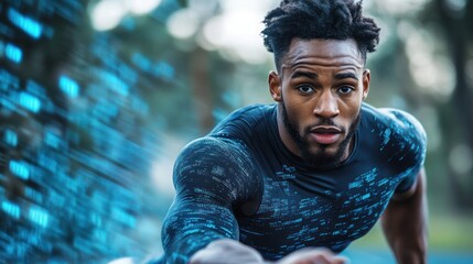 a determined african american athlete immersed in a digital simulation preparing for a competitive challenge showcasing peak physical condition and advanced technology integration