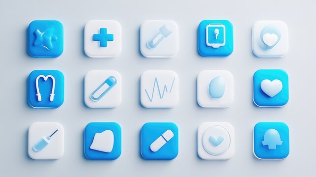 Collection of square icons with various medical and health symbols.