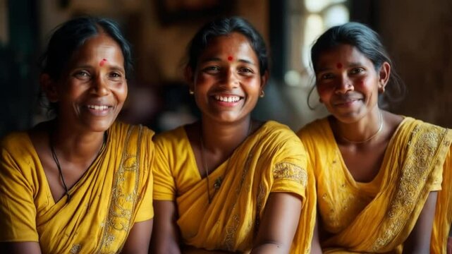 Trio of radiant indian women sharing smiles in vibrant yellow traditional attire