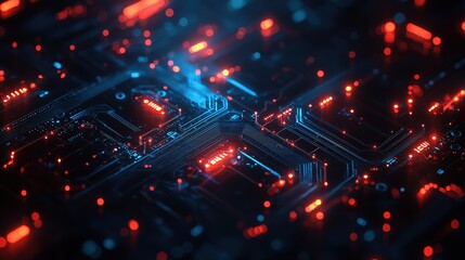Close-up of a futuristic electronic circuit board with glowing red and blue lights