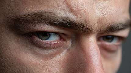 Obraz premium Closeup of male eyes with intense gaze showing detailed skin texture and natural eyebrow hair, highlighting emotional expression and tear trough hollow under eyes