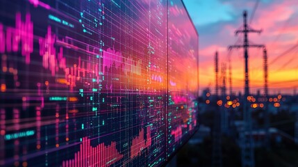 Fototapeta premium Digital stock market data visualization with sunset sky and power lines silhouette at dusk