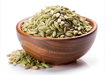 A rustic wooden bowl overflowing with dried green fennel seeds on a white background