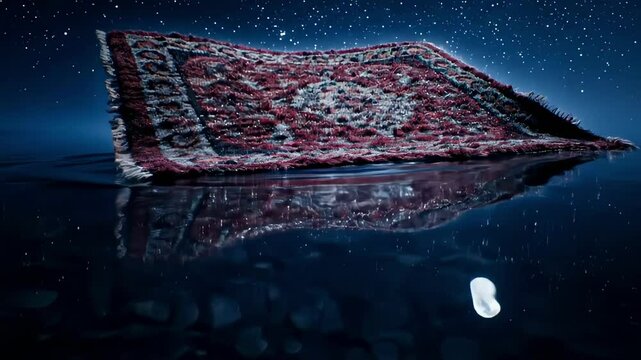 animated carpet - A vibrant, intricately patterned rug floats serenely above a tranquil water surface under a starry night sky, reflecting its colors beautifully