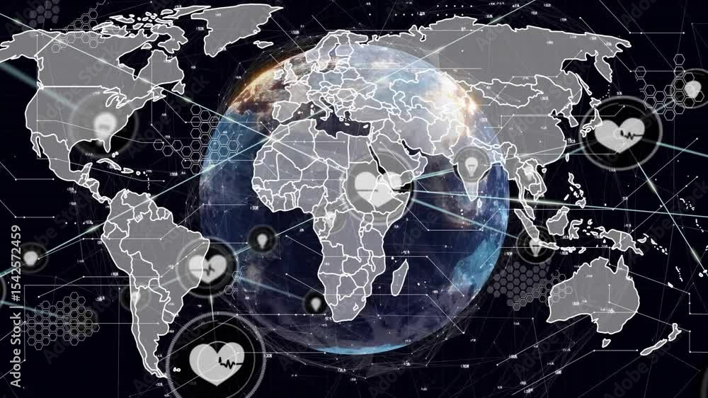 Poster on opening rotating 3d earth showing wireframe, various icons appearing linking nodes into network