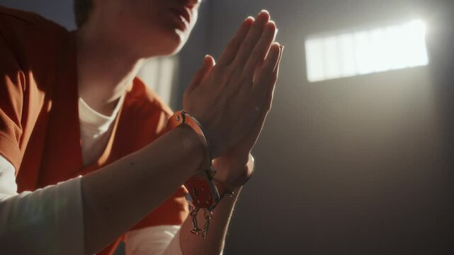 Female inmate with handcuffed wrists clasping her hands in prayer in prison cell with sunlight streaming in through barred window. Close-up view