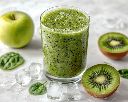 Fresh kiwi and green apple smoothie in a glass with ice and fruit slices on a white background - Powered by Adobe