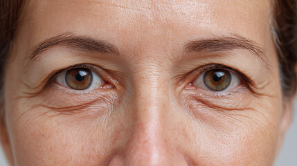 Fototapeta premium Closeup of mature woman face showing natural skin texture with wrinkles and brown eyes, highlighting aging skin details and natural beauty in soft lighting