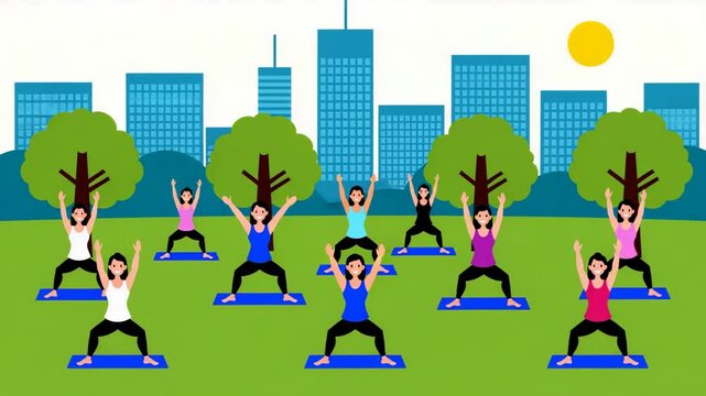 Urban Yoga Class: Women Practicing Yoga Outdoors in a City Park