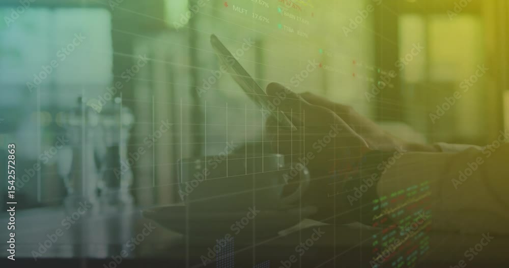Poster man tapping smartphone screen on table and activating animated finance graphs for market analysis