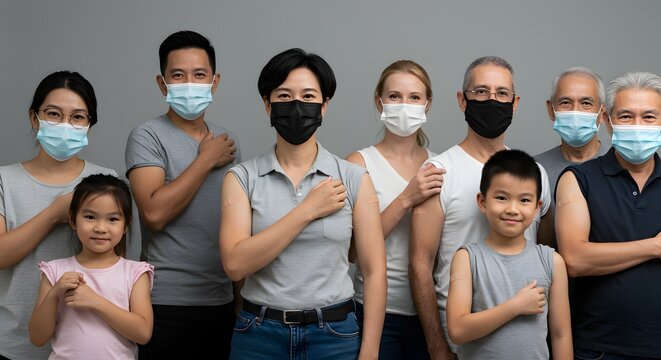 Group of masked people with bandages on arms hands on chests