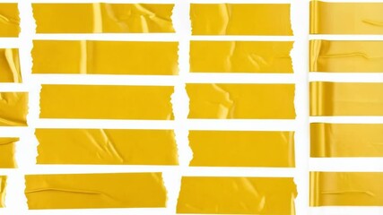 Overhead arrangement of yellow adhesive tapes with torn edges on a plain white background, isolated for graphic design - Powered by Adobe