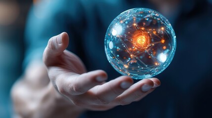 Glowing spherical energy held in outstretched hands representing the power of innovation discovery and futuristic technology  The image symbolizes the potential creativity
