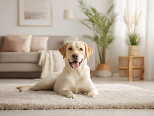 Happy Labrador retriever relaxing in a cozy living room filled with sunlight and greenery