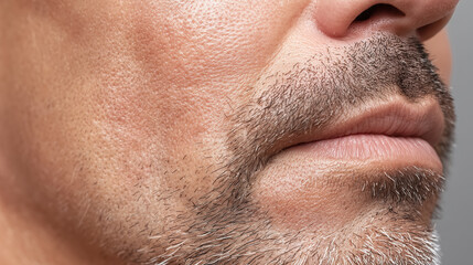 Obraz premium Close up of male jawline showing skin texture and facial hair with slight rash possibly caused by continuous mask use, highlighting natural skin details and beard stubble