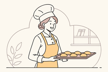 Smiling female baker in apron holding tray of buns in minimal kitchen scene