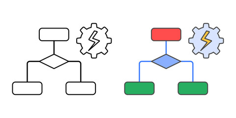 Automated workflow icon with a flowchart, gear, and lightning bolt, in outline and color styles, perfect for representing cloud-based process automation and task orchestration tools.