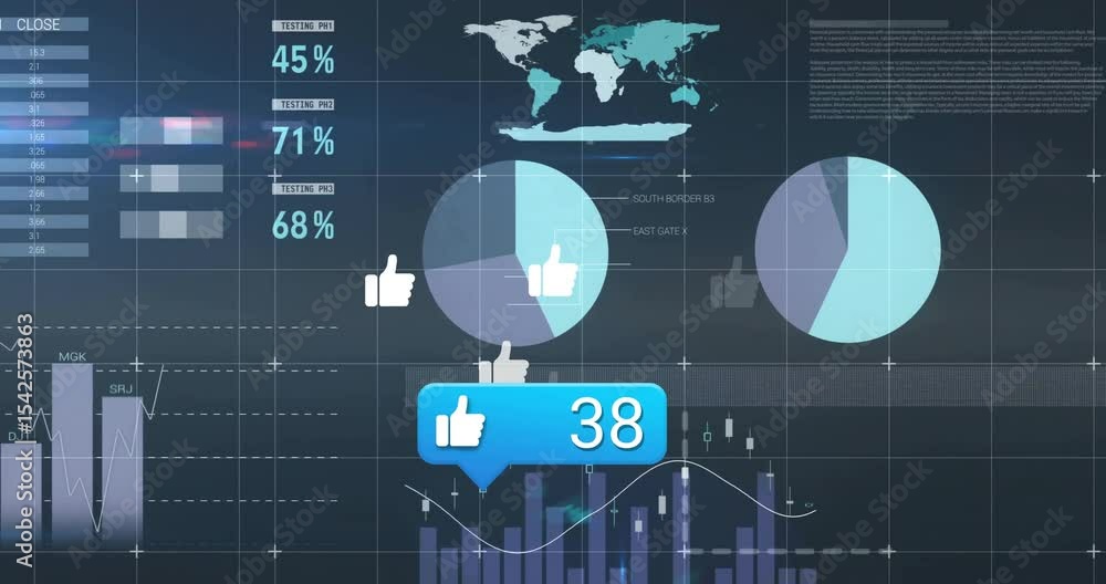 Poster Dashboard loading starting counter bubble rising, thumbs-up sliding and charts showing engagement
