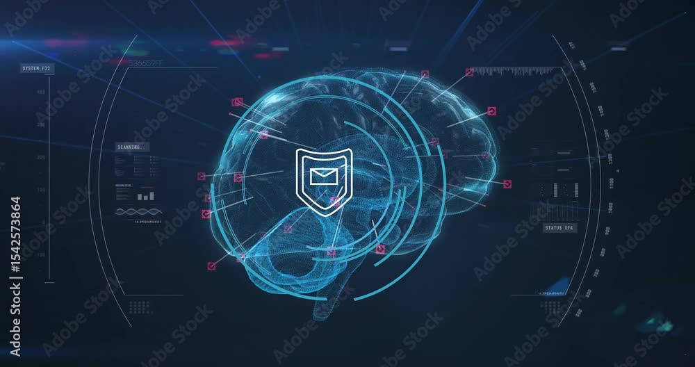 Poster after ending rotation, 3d brain scanning, icon fading, pulsing rings forming encryption grid