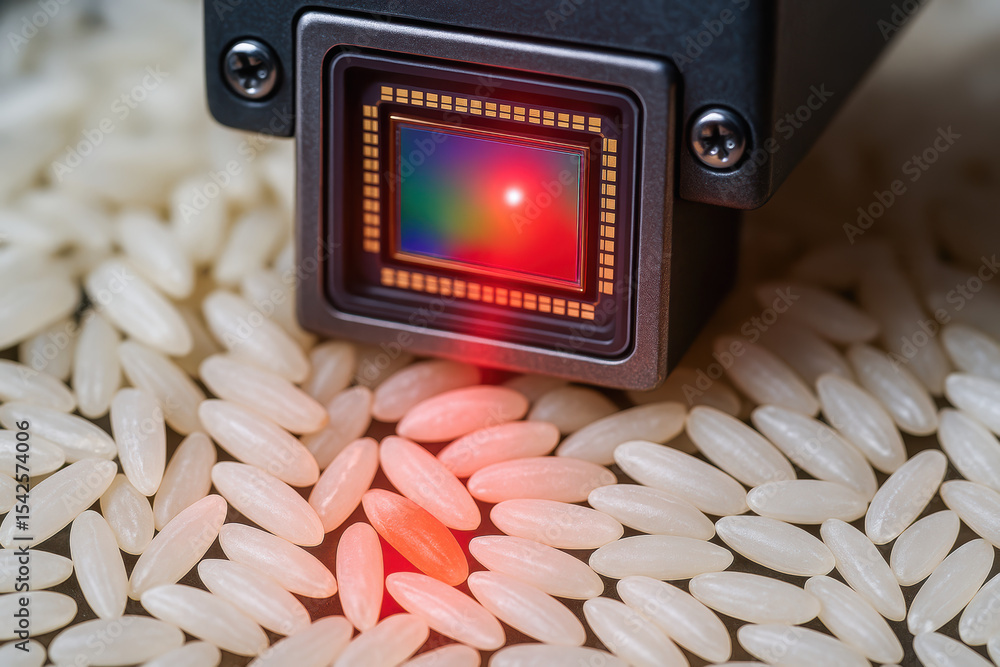 Poster rice grain under digital sensor with red light scanning for quality control in rice mill production 