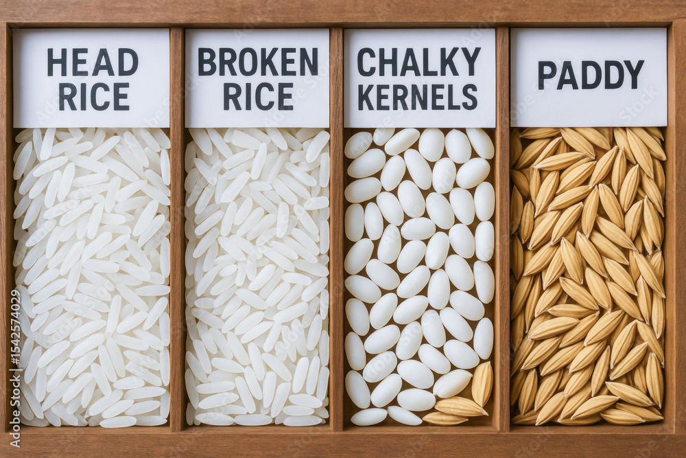 Poster rice head broken chalky kernels and paddy are displayed wooden compartments representing different s