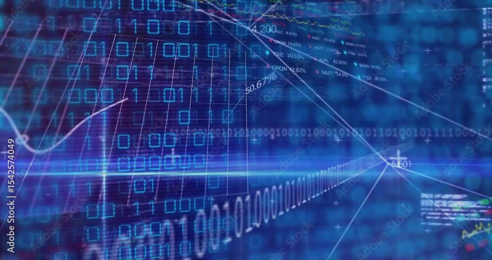 Poster binary code cascading starting bar flashing while grid drawing graph percent labels showing trends