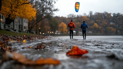 Two people walk along a muddy riverbank on a fall day, with colorful autumn leaves and a kite in the sky