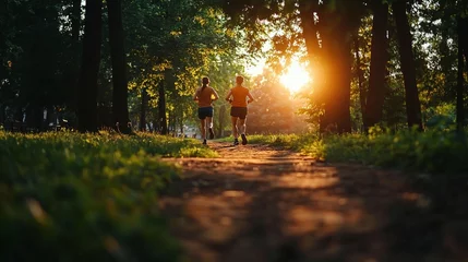 Fototapete Waldweg Two runners jogging through a sunlit forest path at sunset  © sadewotito
