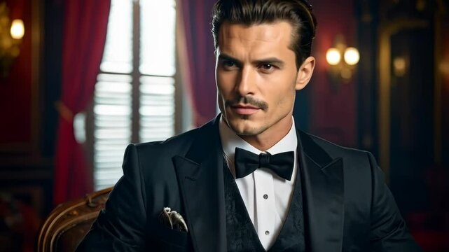 Elegant man posing in a black suit with bow tie indoors in luxury setting, sophisticated and confident.