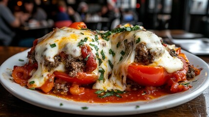 Two stuffed bell peppers with melted cheese, meat filling, and tomato sauce