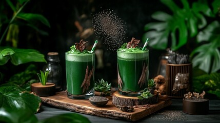 Two vibrant green smoothies, topped with a sprinkle of seeds, sit on a wooden platter amidst lush greenery
